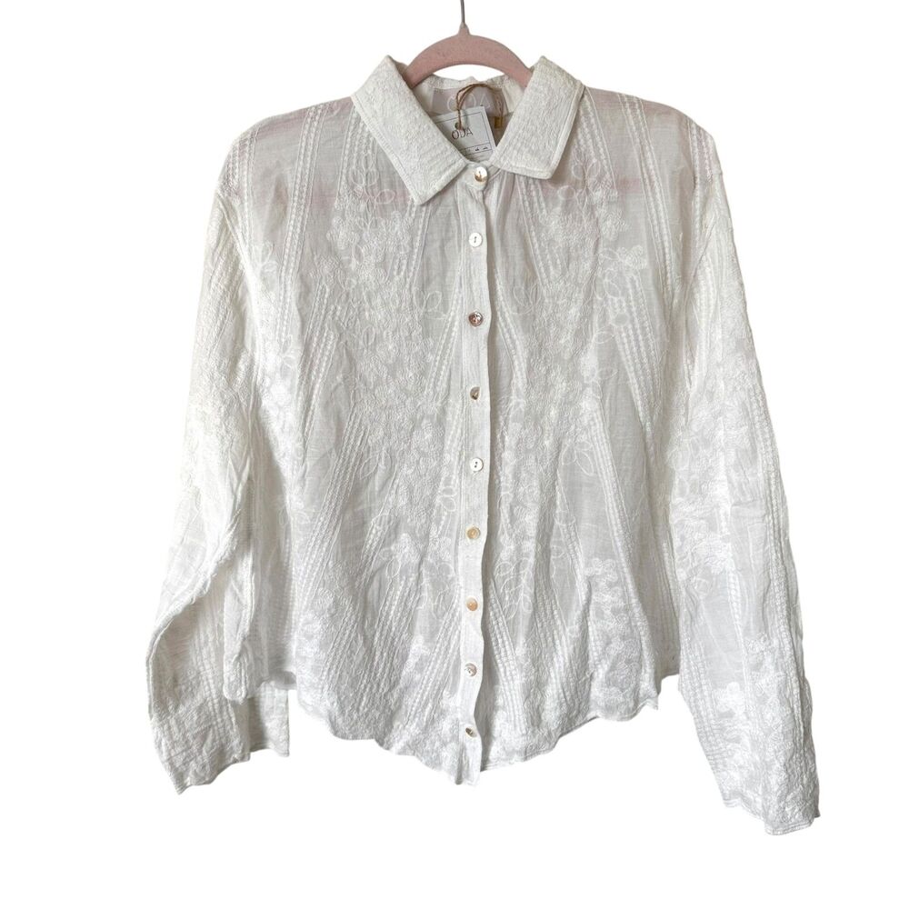 ODA Linen Cotton Embroidered Button Down Top White NWT‎ M/L